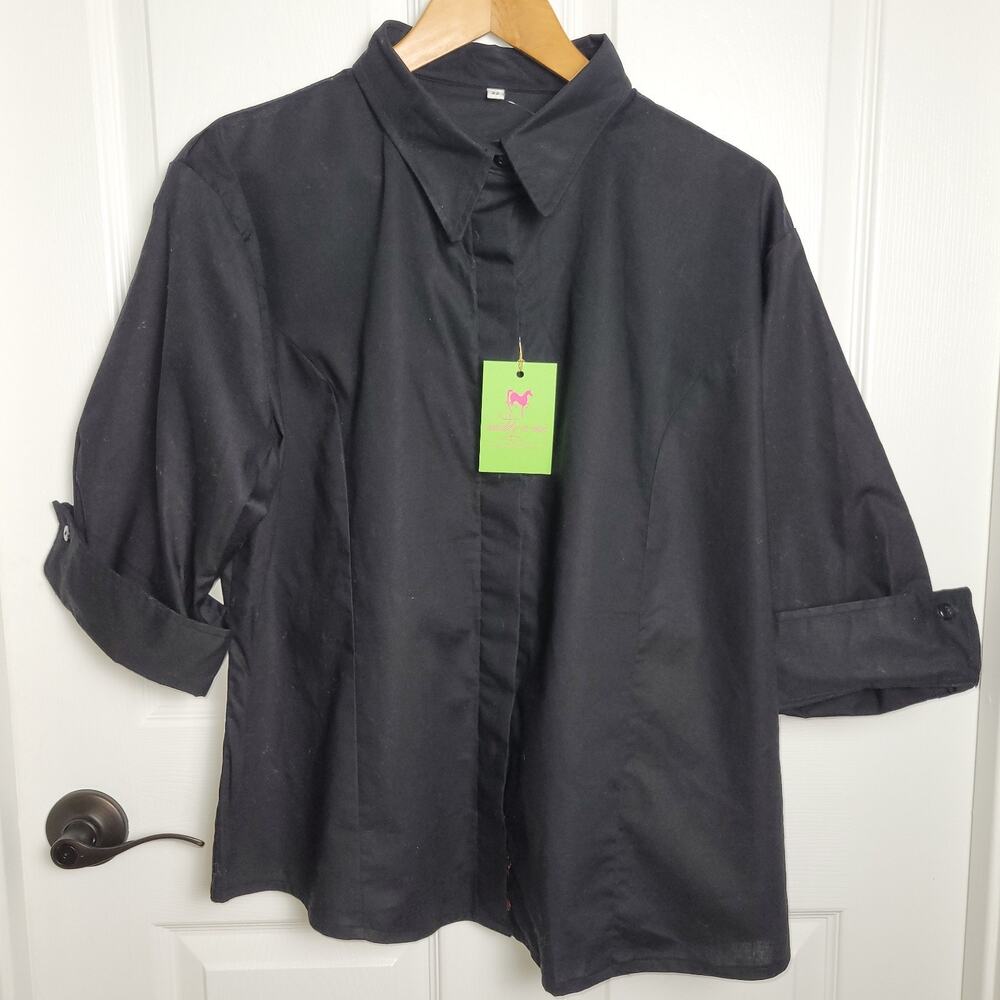 Middy & Me Top Womans 22 Black Equestrian Shirt Button Down 3/4 Cuff Sleeves